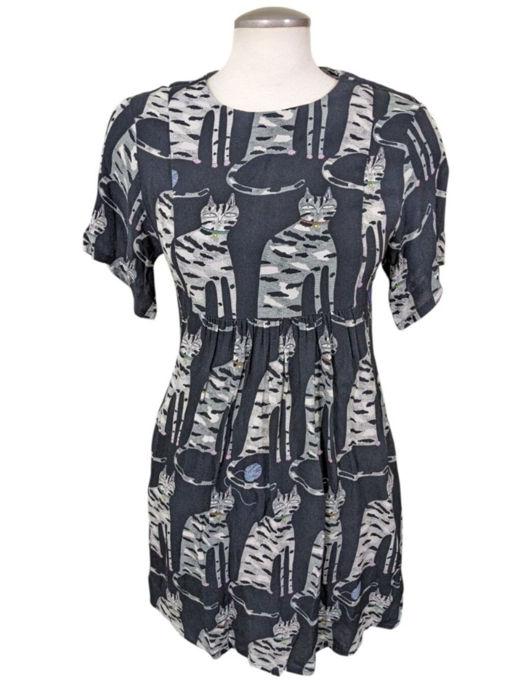 Paul & Joe Sister Black Cat Print Short Sleeve Mini Dress FR 38 US 6